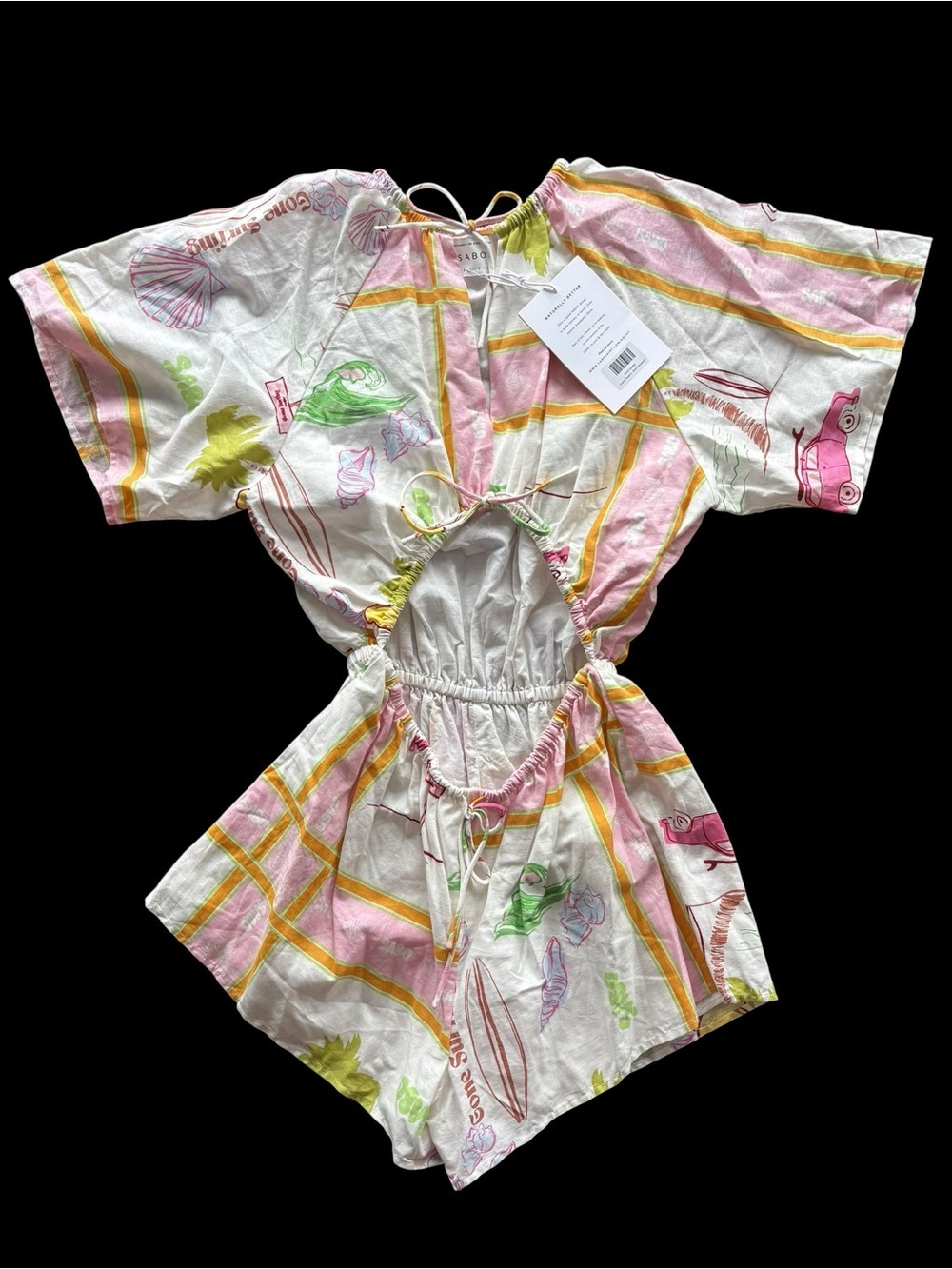 SABO Linen Pink & White Printed Cutout Romper with Tie Waist